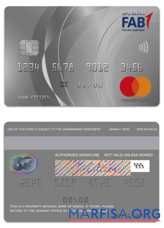 Realistic Saudi Arabi Fisrt Abu Dabi Bank platinum world credit mastercard sample